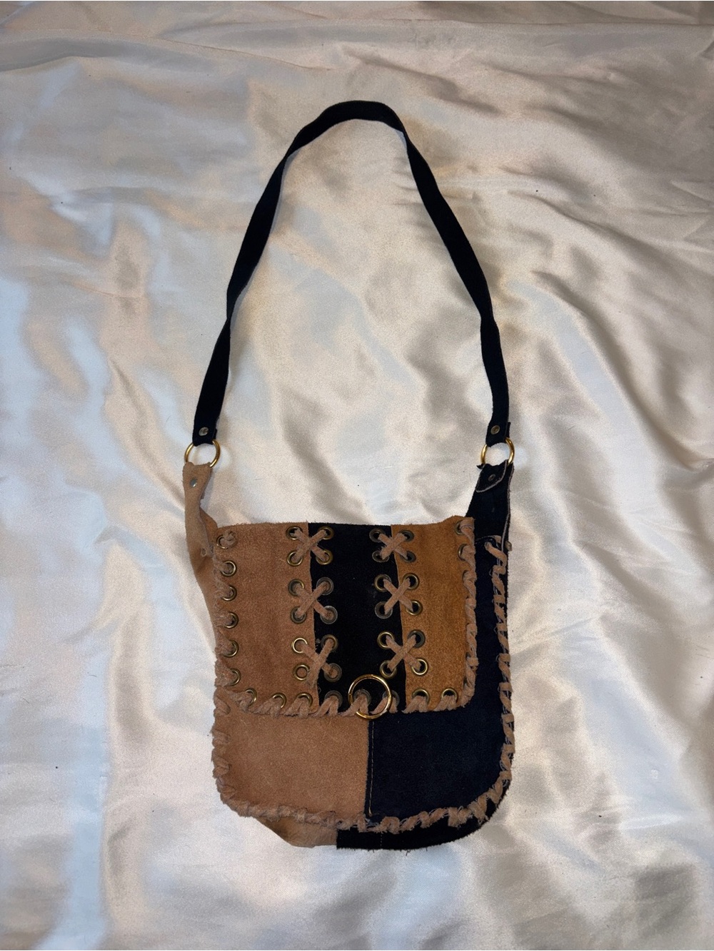 Genuine Leather Brown Black Patchwork Laceup Shoulder Bag Y2K Boho made in spain